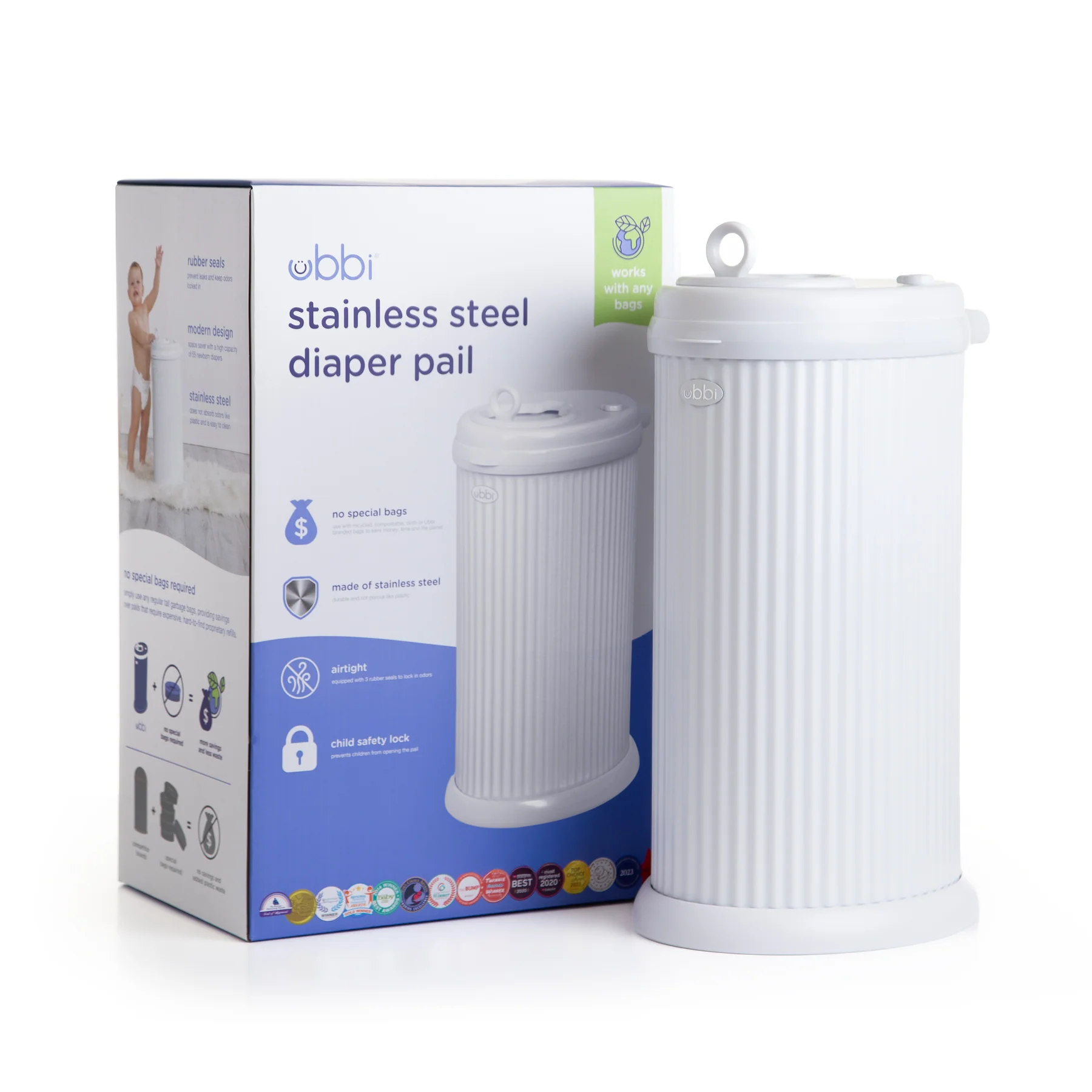Basurero para pañales Ubbi Fluted White blanco mate acanalado de acero con tapa deslizante y control de olores.