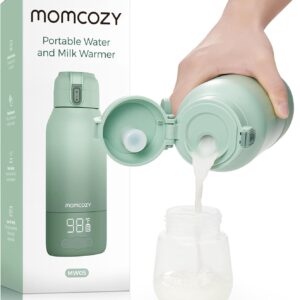 Calentador portátil de leche materna y agua Momcozy para viajes y paseos con bebé.