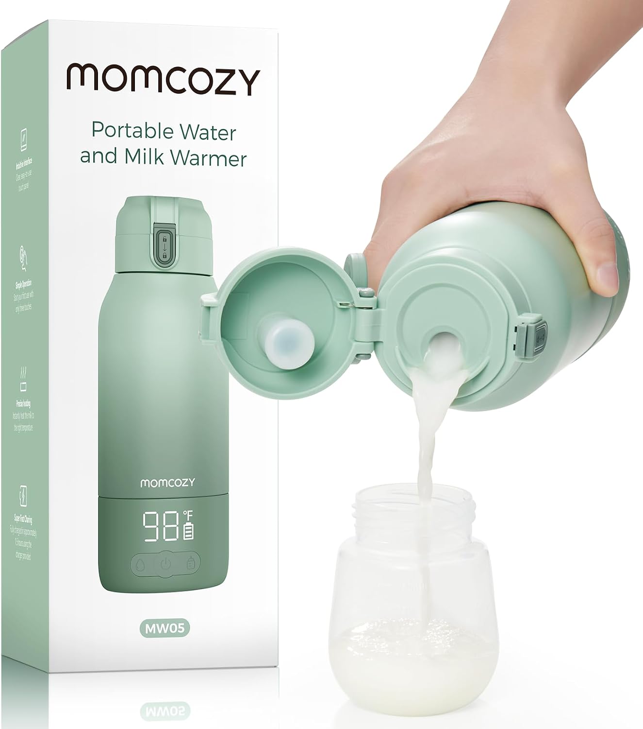 Calentador portátil de leche materna y agua Momcozy para viajes y paseos con bebé.