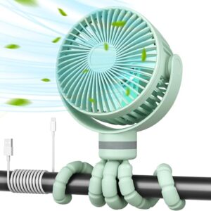 Ventilador portátil Momcozy verde para carruaje de bebé con trípode flexible, batería recargable y rotación de 360 grados.