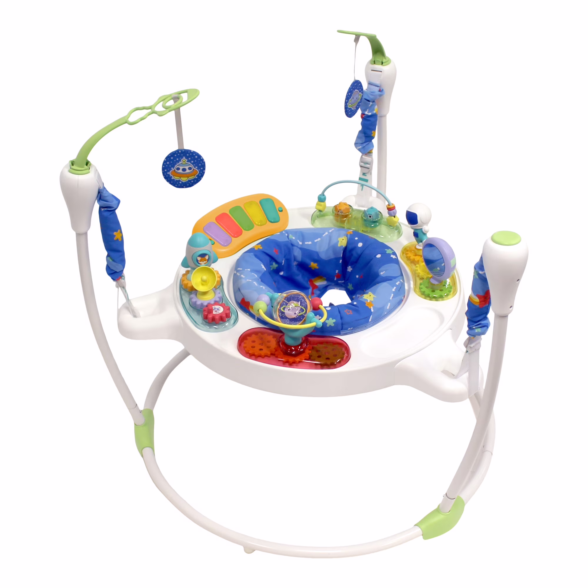 Centro de Actividades Interactivo con Saltarín Infantino, asiento giratorio 360 grados, juguetes sensoriales y piano musical.